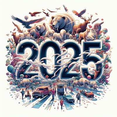 Creative artwork depicting 2025 with animals and vehicles