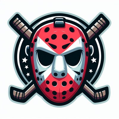Masked hockey player emblem with crossed sticks