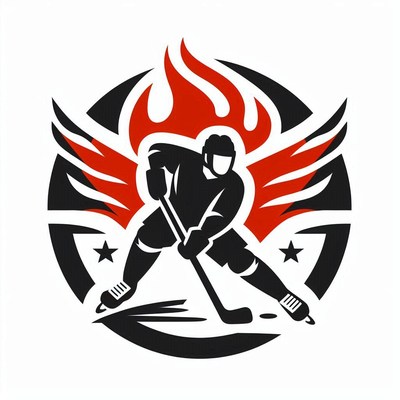 Hockey player icon with flames and wings graphic design
