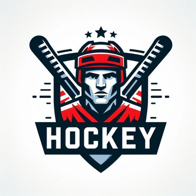 Hockey player emblem with red helmet and sticks