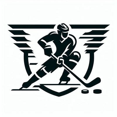 Hockey player in motion with puck and sticks