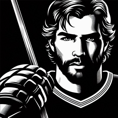 Young athlete holding hockey stick in dramatic lighting