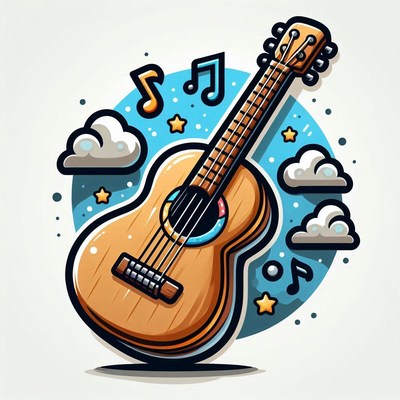 Acoustic guitar with music notes surrounded by clouds
