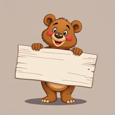 Cheerful cartoon bear holding blank sign