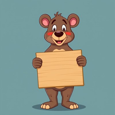 Cartoon bear holding a blank sign in light blue background