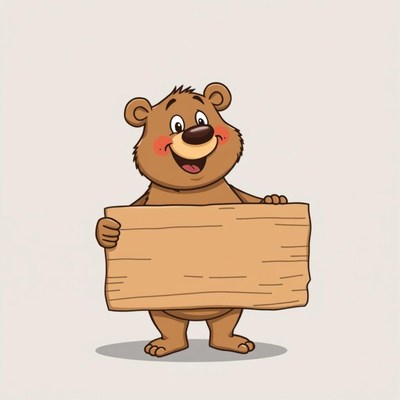 Cheerful cartoon bear holding blank wooden sign