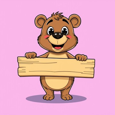 Cartoon bear holding a blank sign on pink background