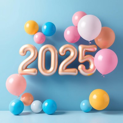 Colorful balloons celebrating 2025 against blue background