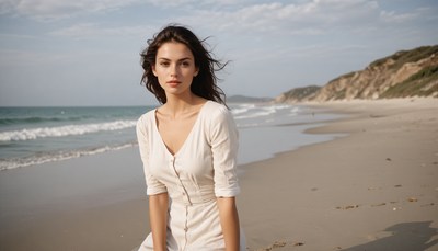 Woman sitting on sandy beach by the ocean