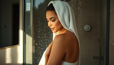 Woman with towel in modern shower during morning routine