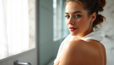 Relaxing woman in towel by natural light window