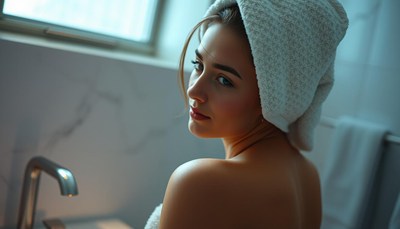 Woman with towel in bright bathroom in daylight