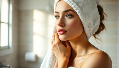 Woman with towel in bright bathroom after shower