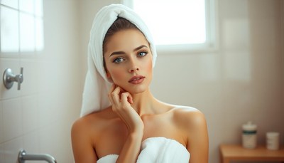 Young woman in towel with shower background