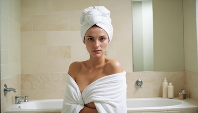 Woman in towel in modern bathroom after showering