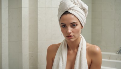 Woman in towel posing in modern bathroom setting