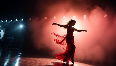 Elegant dancer in red dress performing on stage at night