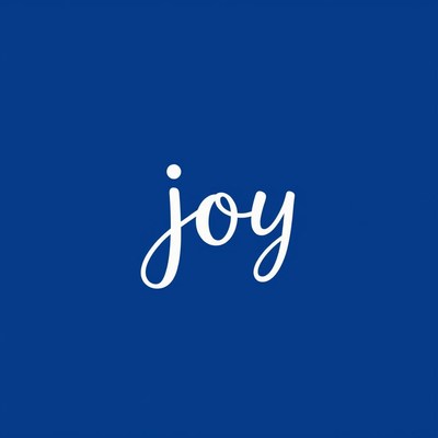 Joy written in white script on blue background