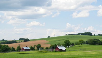 Red barns on rolling hills under blue sky in summer