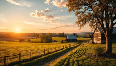 Sunset over serene farm landscape with barns