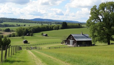 Serene farm landscape with rolling hills and barns