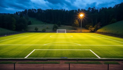 Illuminated soccer field at dusk surrounded by nature