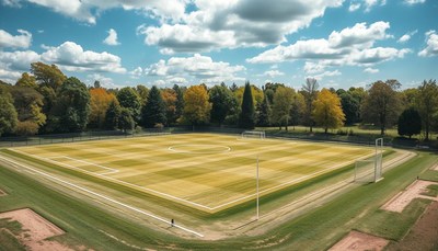 Open grass soccer field surrounded by autumn trees