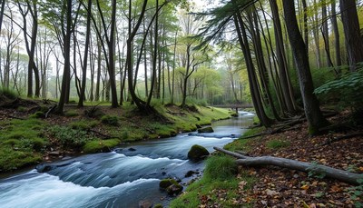 Serene forest stream flowing through lush green foliage
