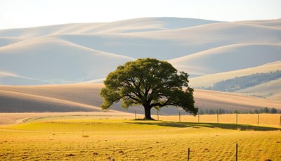 Lone oak tree on rolling hills in golden light