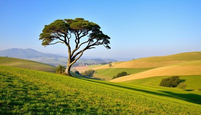Lone tree on rolling hills under clear blue sky