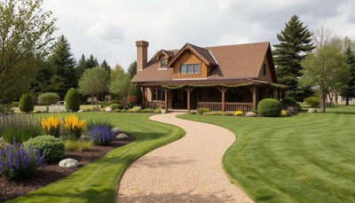 Beautiful rustic house surrounded by lush garden pathway