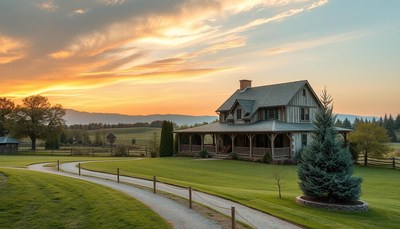 Cozy country house at sunset with scenic pathway