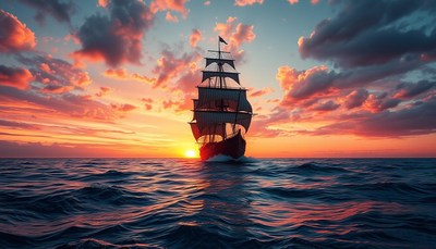 Sailing ship against colorful sunset over ocean
