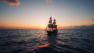 Historic sailing ship at sunset on tranquil ocean