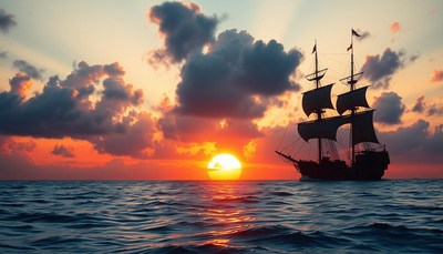 Sailing ship at sunset over calm ocean waters