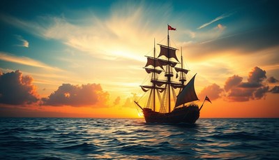 Historic tall ship sailing at sunset on ocean waves