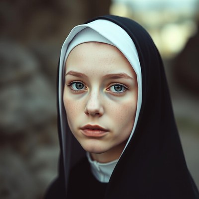 Young nun portraying serenity in historical setting