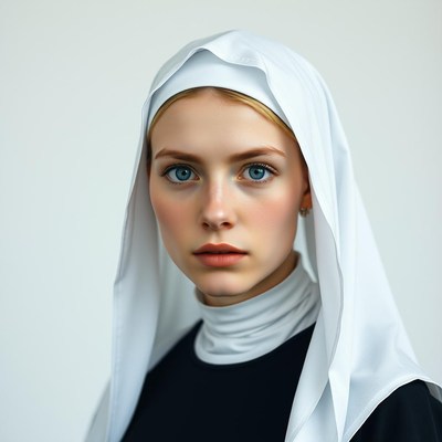Young woman in white headscarf against neutral background