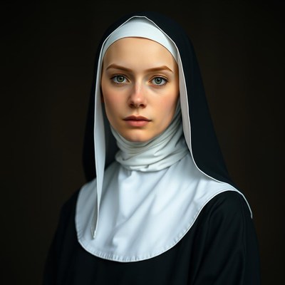 Nun in traditional habit posing against dark background