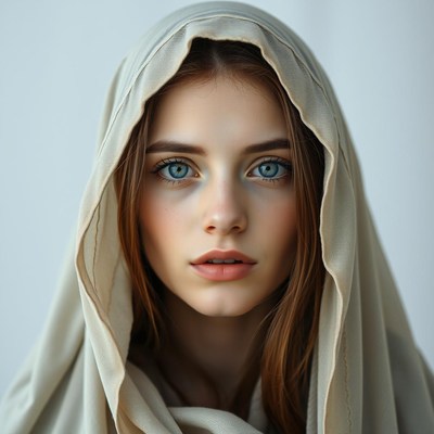 Young woman in grey headscarf with intense gaze