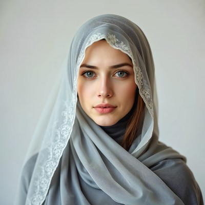 Young woman in gray hijab posing against neutral background