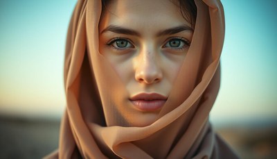 Young woman in headscarf stares at sunset desert
