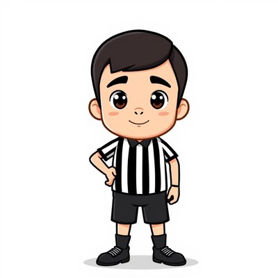 Young referee in striped uniform standing confidently