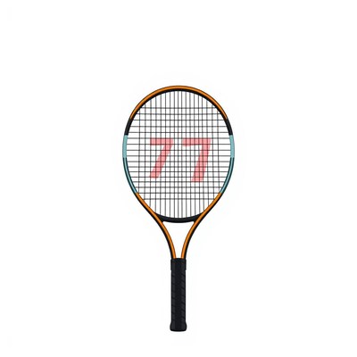 Tennis racket with number 77 on the strings