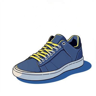 Blue casual sneakers with yellow laces on white background