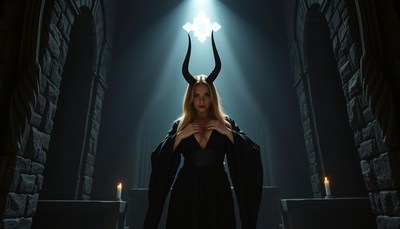 Mysterious figure in dark cloak with horns in cathedral