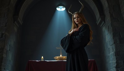 Mysterious figure with horns in dimly lit dungeon