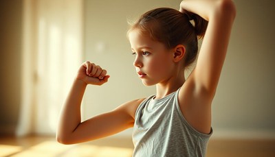 Young girl flexing muscles in bright room
