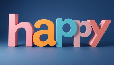 Colorful happy letters against blue background