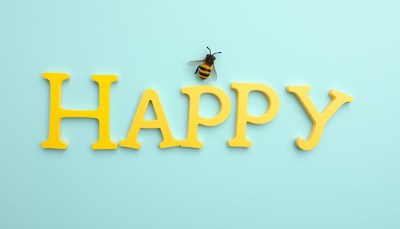 Yellow letters spell happy with bee on blue background